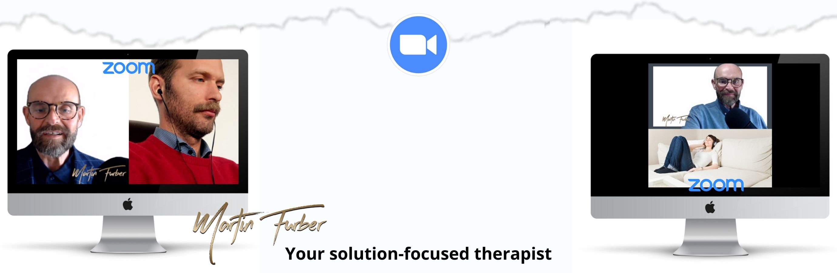 Images of Martin Furber conducting live online therapy sessions via zoom with various clients